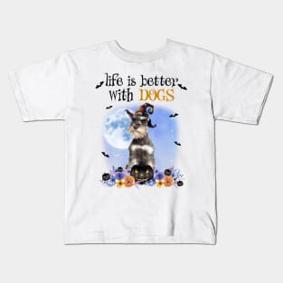 Grey Miniature Schnauzer Witch Hat Life Is Better With Dogs Kids T-Shirt